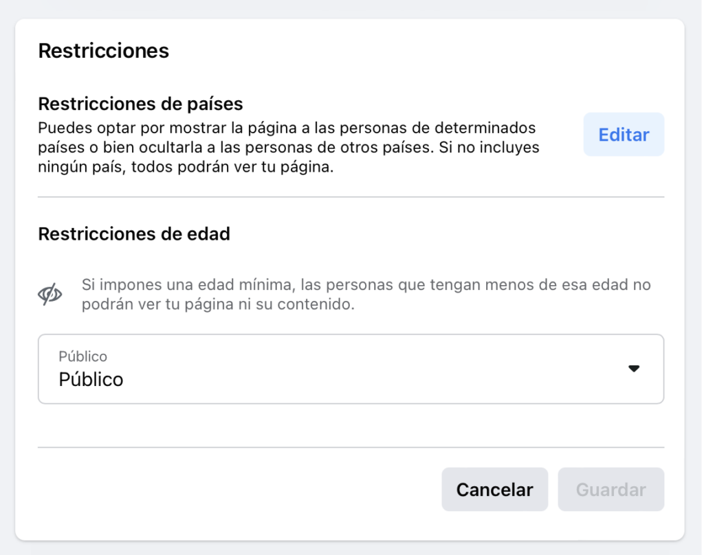 Restricciones de países y de edad en Facebook.